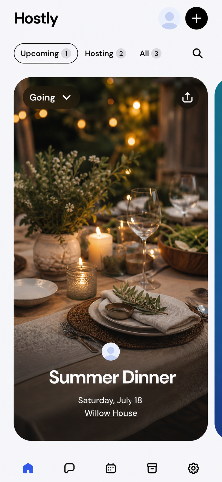Hostly Home showing a Summer Dinner event with event tabs, search, share, and create controls